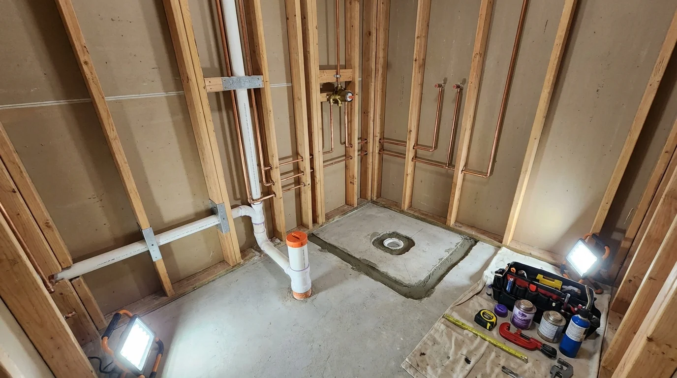 Bathroom rough-in plumbing during remodel by Johns Plumbing LLC in Bakersfield