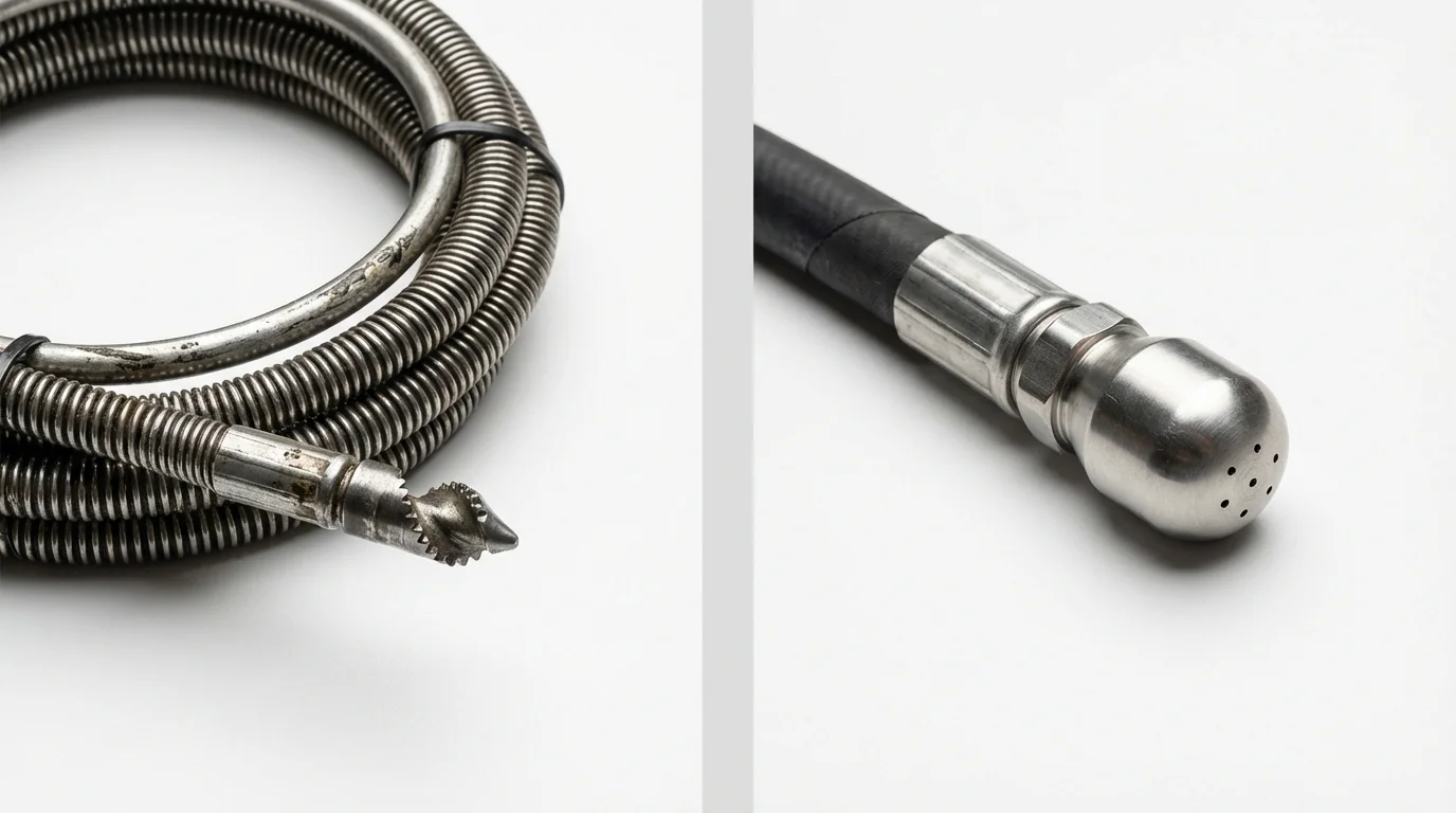 Drain snake cable and hydro jetting nozzle used for drain cleaning in Bakersfield, CA