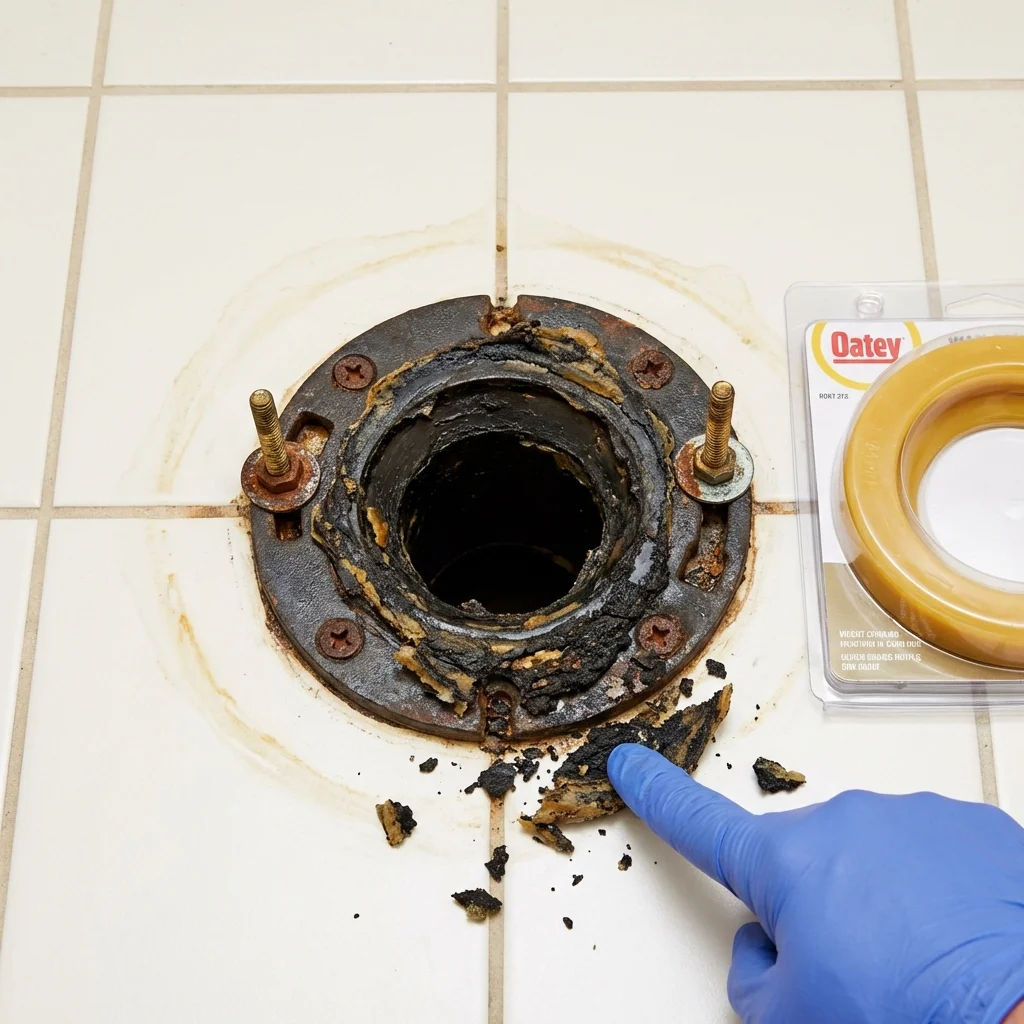 Failed wax ring showing water seepage at the base of a toilet in a Bakersfield, CA home